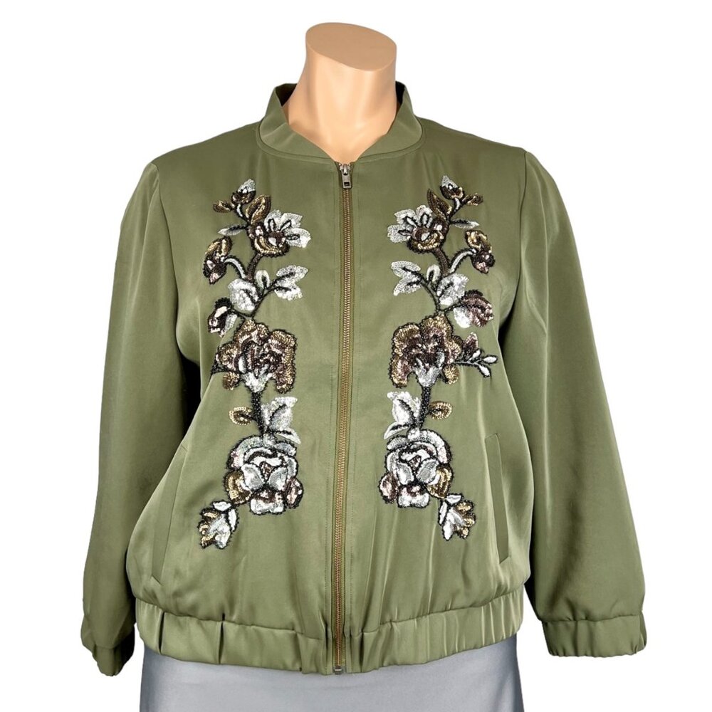 Chicos Collectibles Womens Plus Green Embroidered Bomber Jacket Sequins size XXL